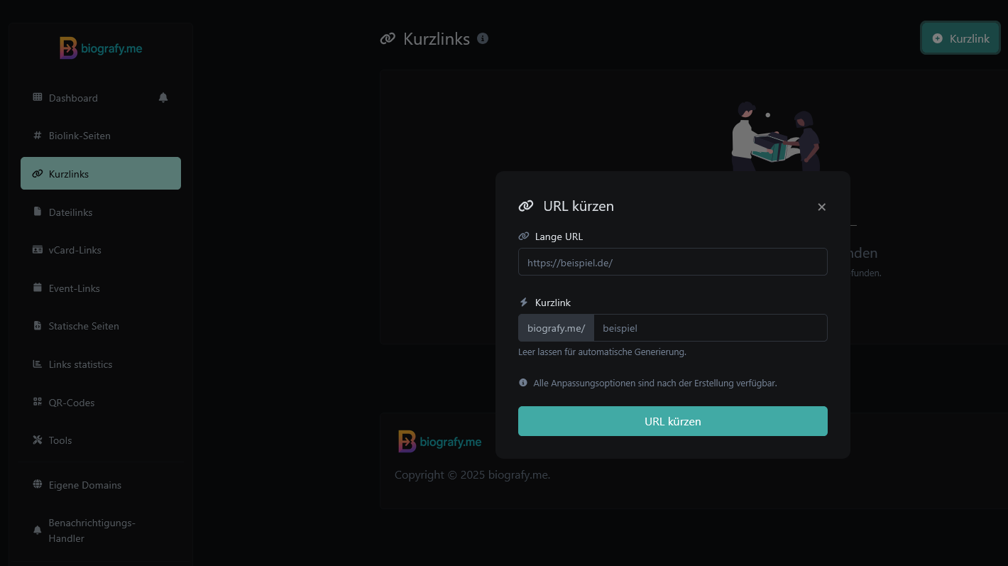 Screenshot der Kurzlink-Bearbeitungsseite