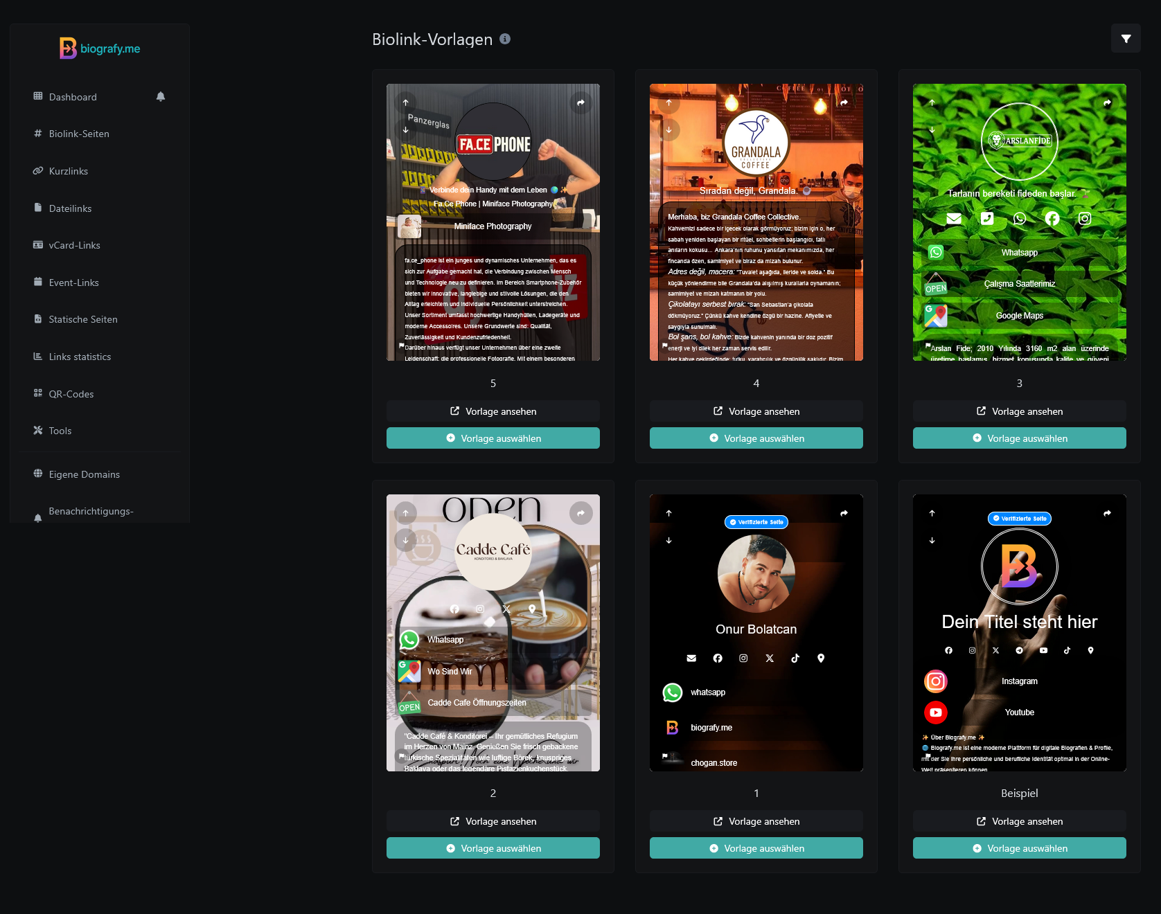 Screenshot der Biolink-Bearbeitungsseite